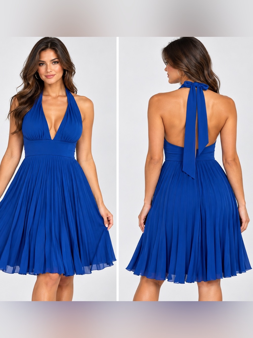 Soprano Royal Blue Backless Halter Pleated Dress